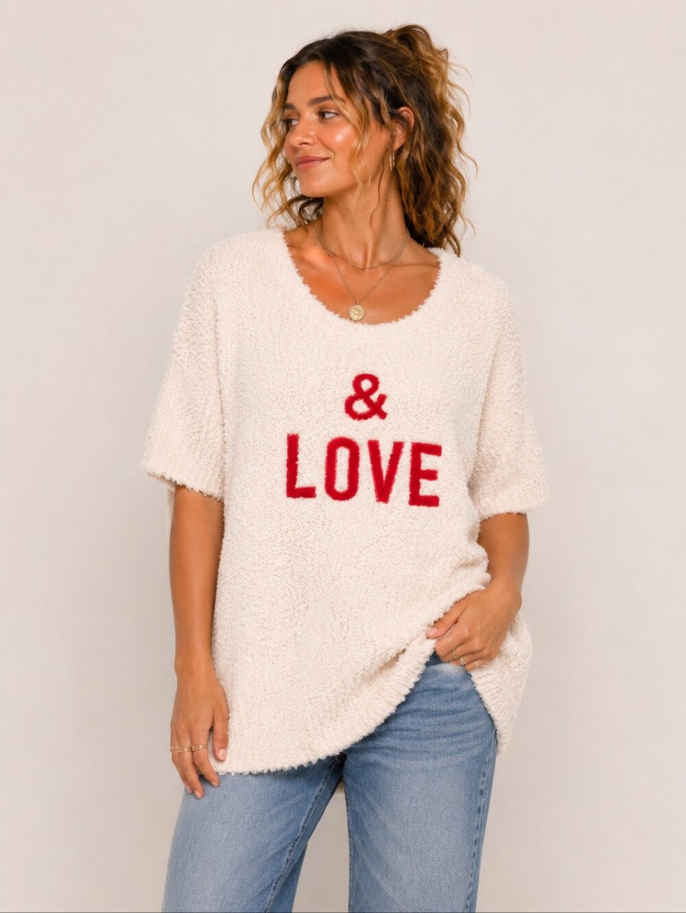 POL Ivory Plush Fuzzy Oversized Tunic Top & Love Embroidered Size S